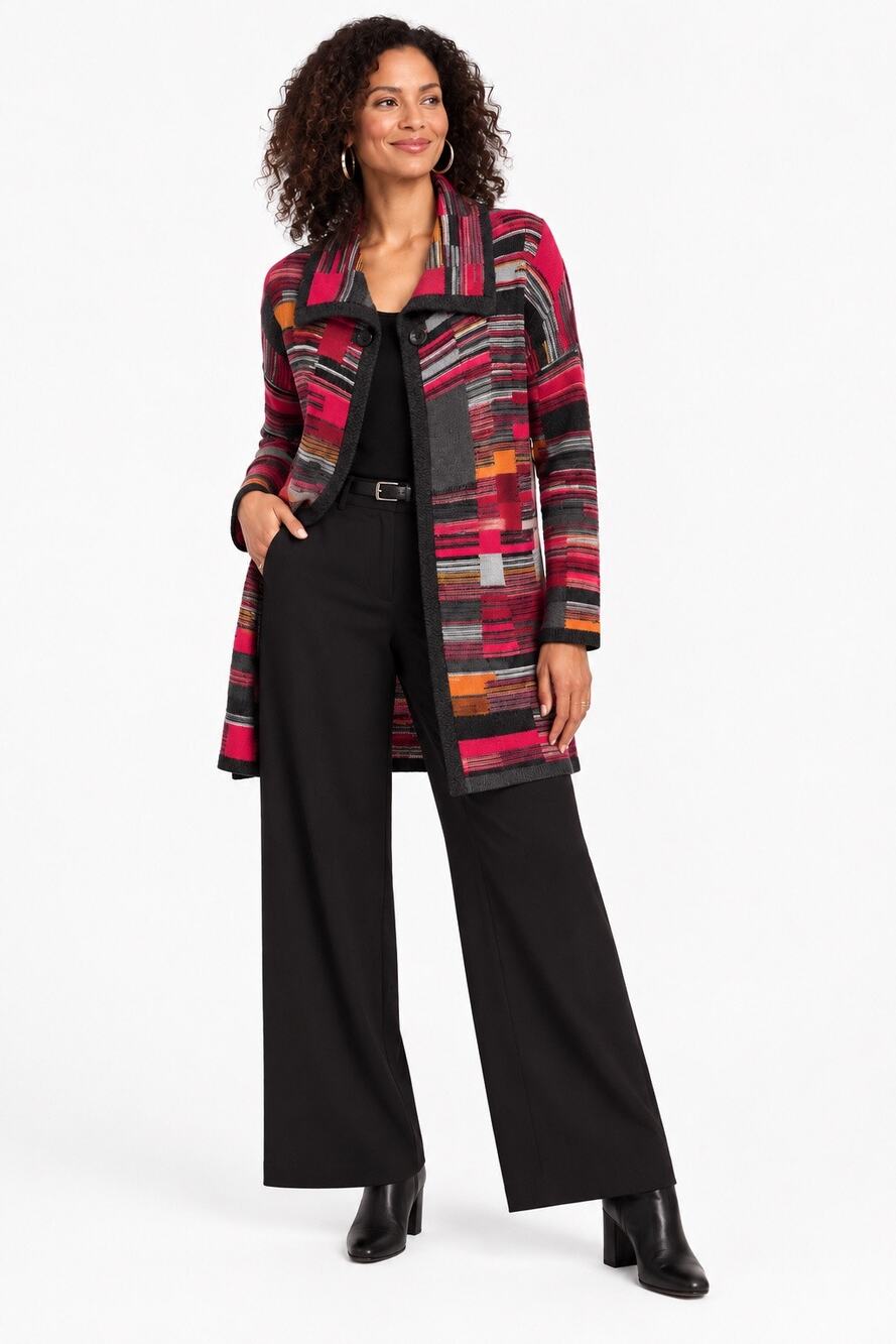 Boho Lagenlook Colorful Wearable Art Geometric Cardigan NIC+ZOE Berry Gray Small